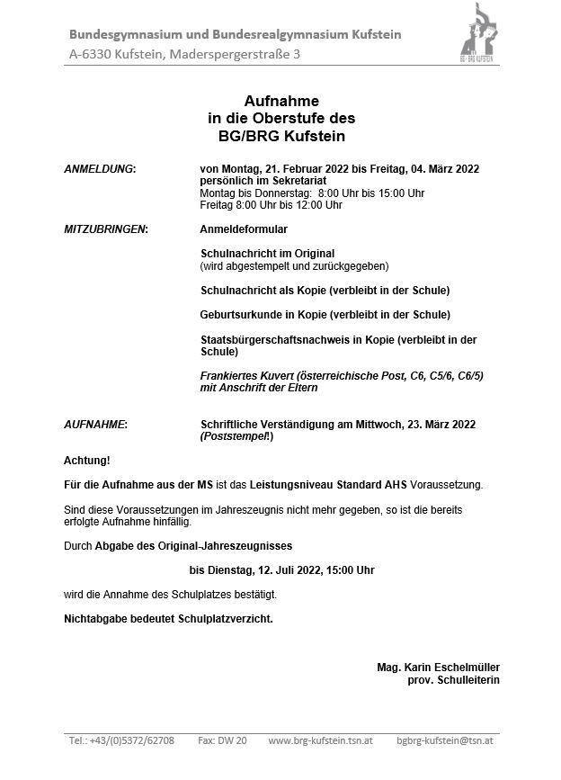 Anmeldeformular für die Oberstufe