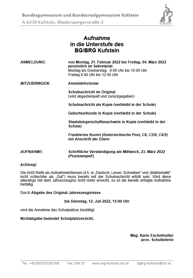 Anmeldeformular für die Unterstufe